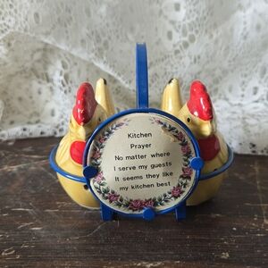 Vintage Japan Chicken Salt & Pepper Shakers with Basket & Kitchen Prayer Plaque